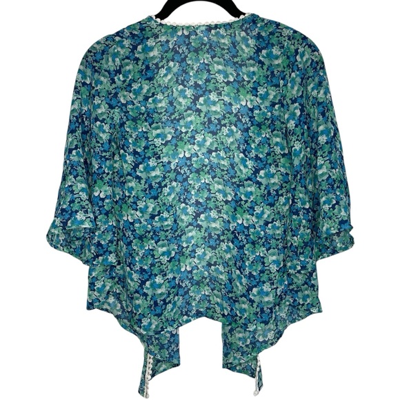 Knitworks Blue & Green Floral Cropped Short Sleeve Kimono Cover Up Cardigan Top - Picture 2 of 7